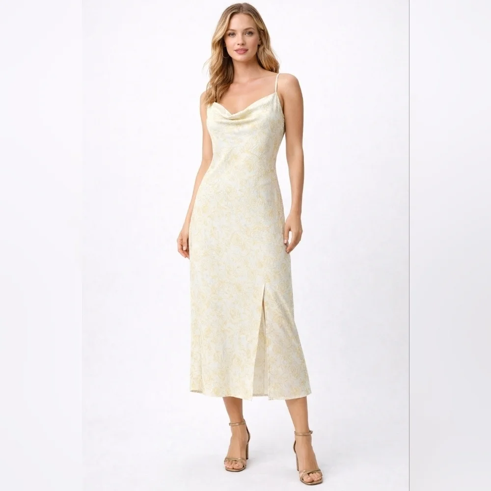 NWOT Paper heart yellow floral roses cottage satin cowel neck slip dress sz M - Picture 1 of 10